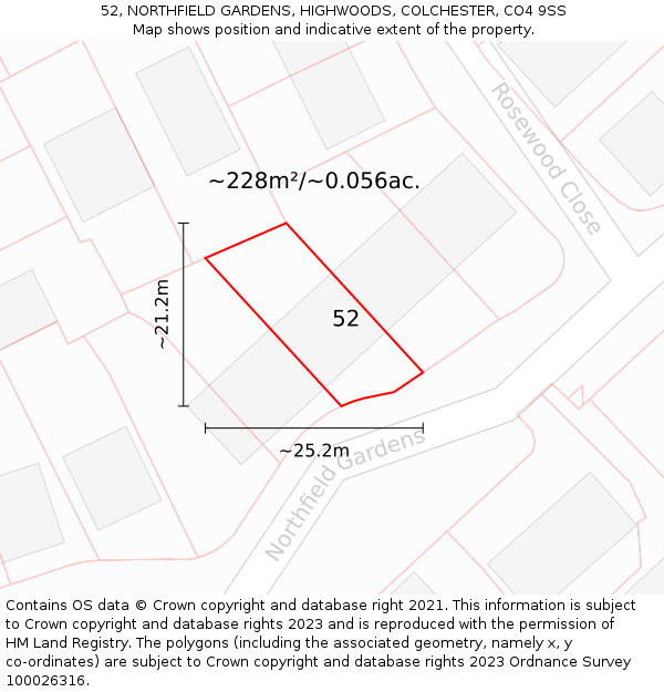 52, NORTHFIELD GARDENS, HIGHWOODS, COLCHESTER, CO4 9SS: Plot and title map