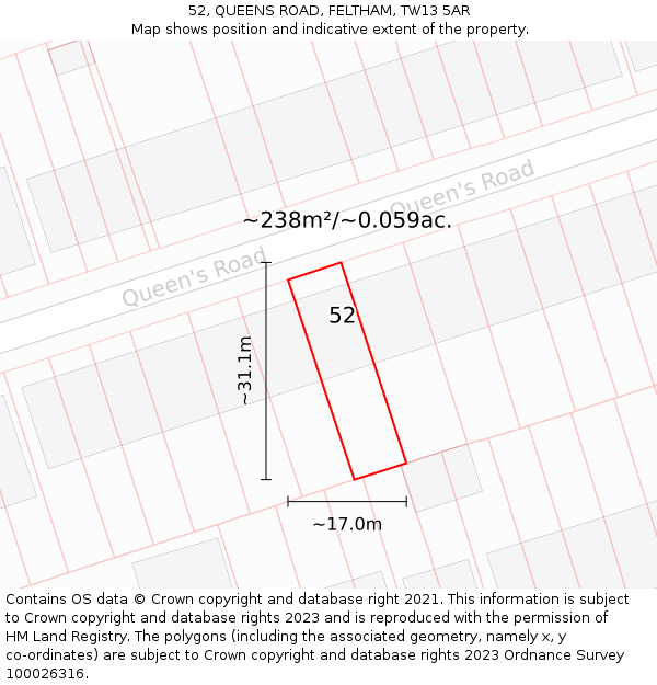 52, QUEENS ROAD, FELTHAM, TW13 5AR: Plot and title map