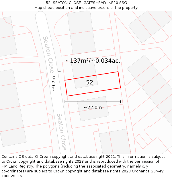 52, SEATON CLOSE, GATESHEAD, NE10 8SG: Plot and title map