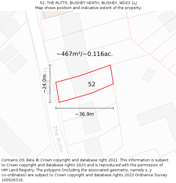52, THE RUTTS, BUSHEY HEATH, BUSHEY, WD23 1LJ: Plot and title map