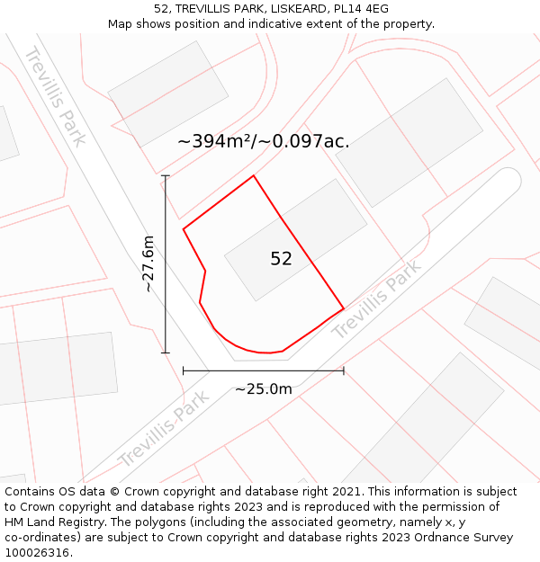 52, TREVILLIS PARK, LISKEARD, PL14 4EG: Plot and title map