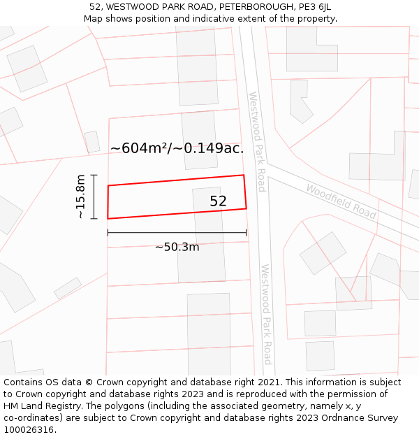 52, WESTWOOD PARK ROAD, PETERBOROUGH, PE3 6JL: Plot and title map