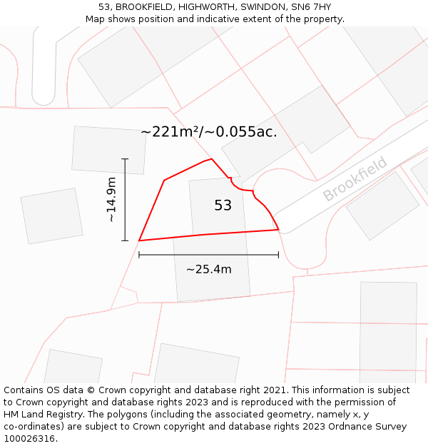 53, BROOKFIELD, HIGHWORTH, SWINDON, SN6 7HY: Plot and title map