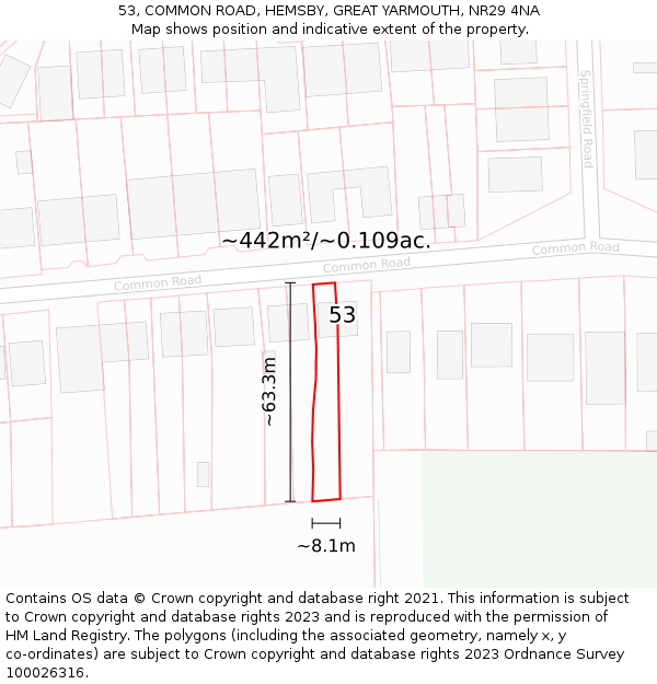 53, COMMON ROAD, HEMSBY, GREAT YARMOUTH, NR29 4NA: Plot and title map