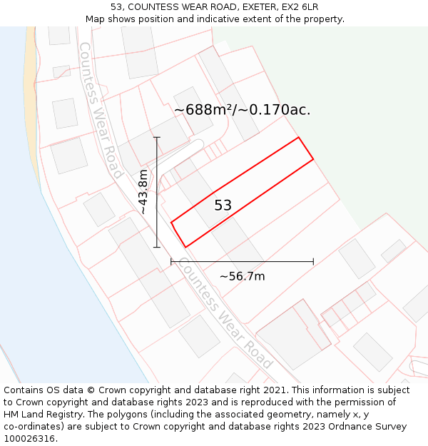 53, COUNTESS WEAR ROAD, EXETER, EX2 6LR: Plot and title map