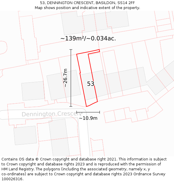53, DENNINGTON CRESCENT, BASILDON, SS14 2FF: Plot and title map