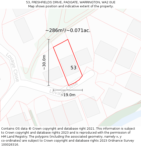 53, FRESHFIELDS DRIVE, PADGATE, WARRINGTON, WA2 0UE: Plot and title map