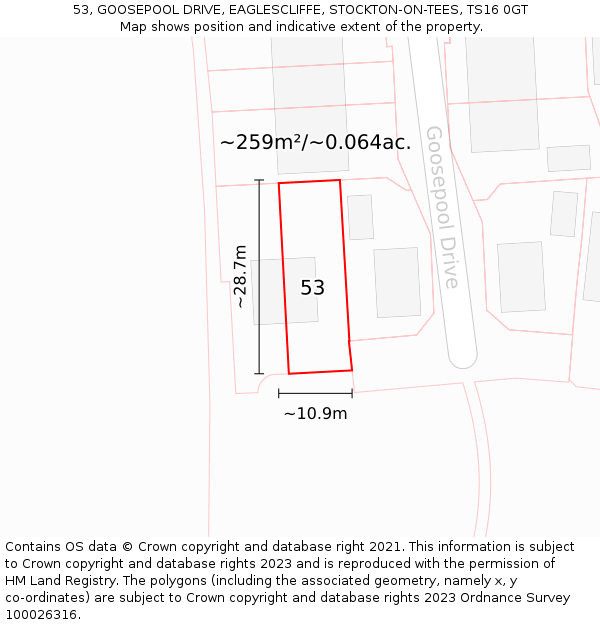 53, GOOSEPOOL DRIVE, EAGLESCLIFFE, STOCKTON-ON-TEES, TS16 0GT: Plot and title map