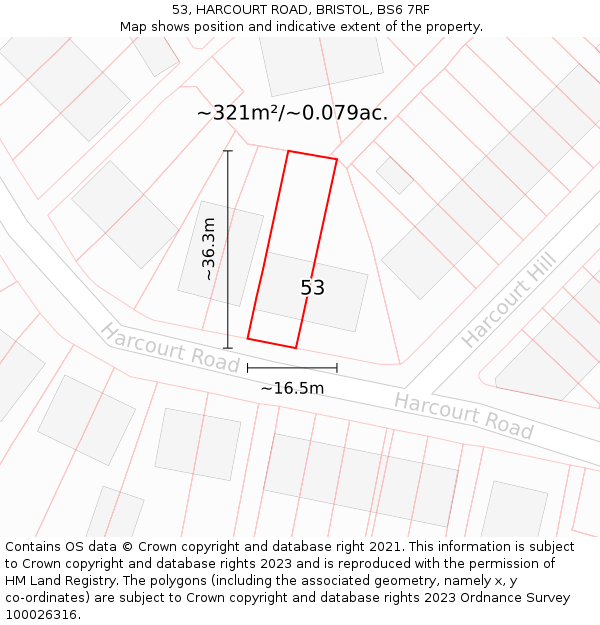 53, HARCOURT ROAD, BRISTOL, BS6 7RF: Plot and title map