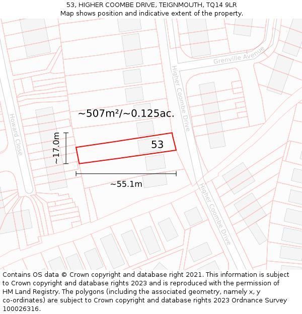 53, HIGHER COOMBE DRIVE, TEIGNMOUTH, TQ14 9LR: Plot and title map