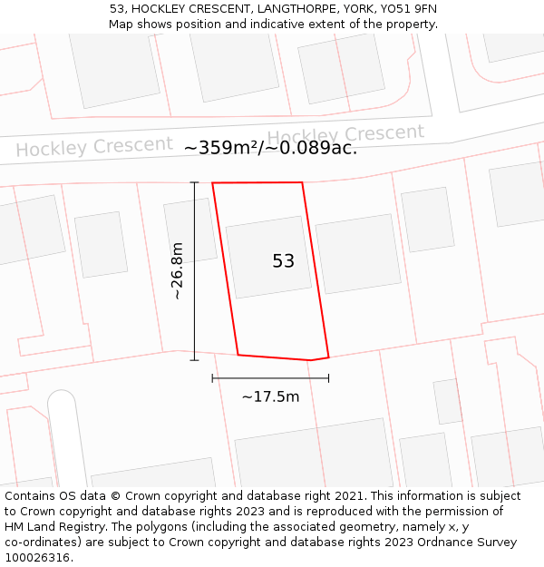 53, HOCKLEY CRESCENT, LANGTHORPE, YORK, YO51 9FN: Plot and title map