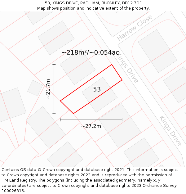 53, KINGS DRIVE, PADIHAM, BURNLEY, BB12 7DF: Plot and title map