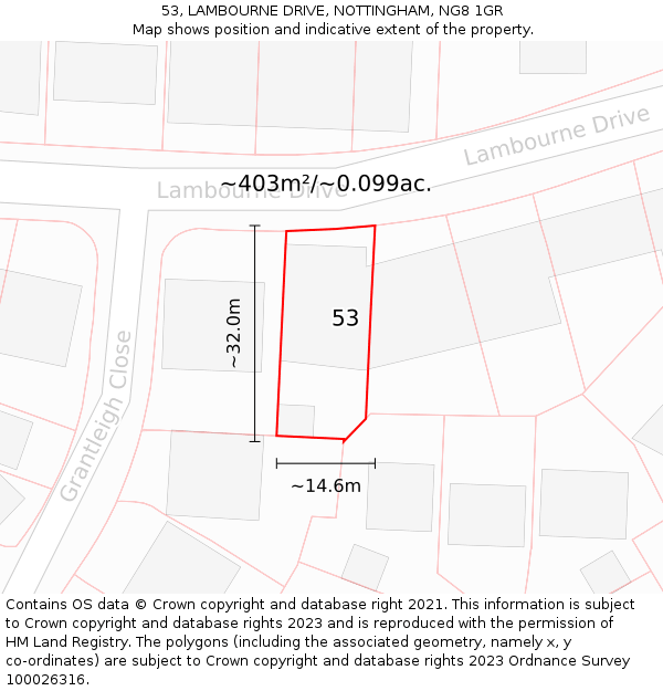 53, LAMBOURNE DRIVE, NOTTINGHAM, NG8 1GR: Plot and title map
