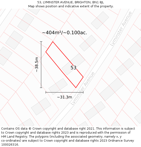 53, LYMINSTER AVENUE, BRIGHTON, BN1 8JL: Plot and title map
