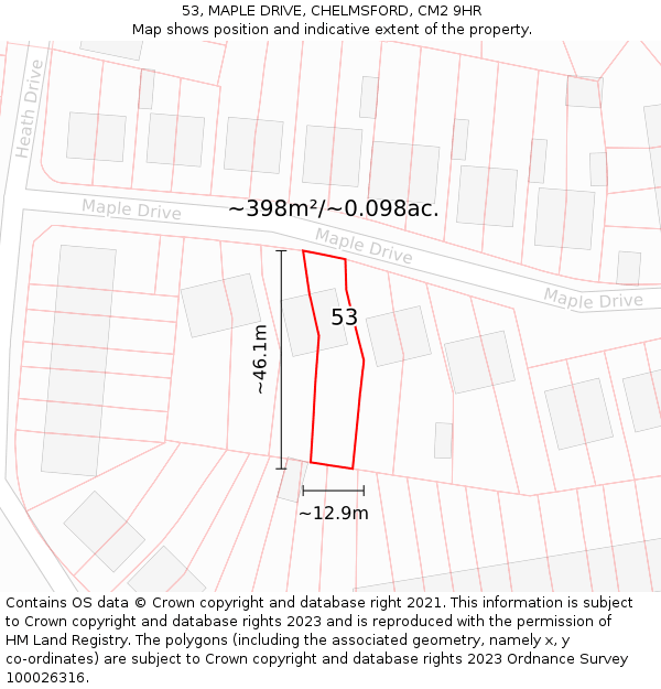 53, MAPLE DRIVE, CHELMSFORD, CM2 9HR: Plot and title map