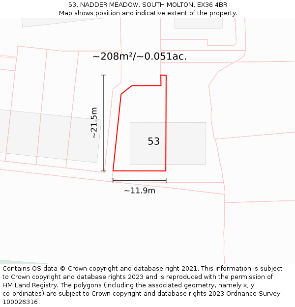 53, NADDER MEADOW, SOUTH MOLTON, EX36 4BR: Plot and title map