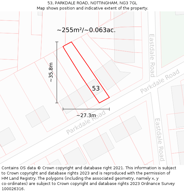 53, PARKDALE ROAD, NOTTINGHAM, NG3 7GL: Plot and title map