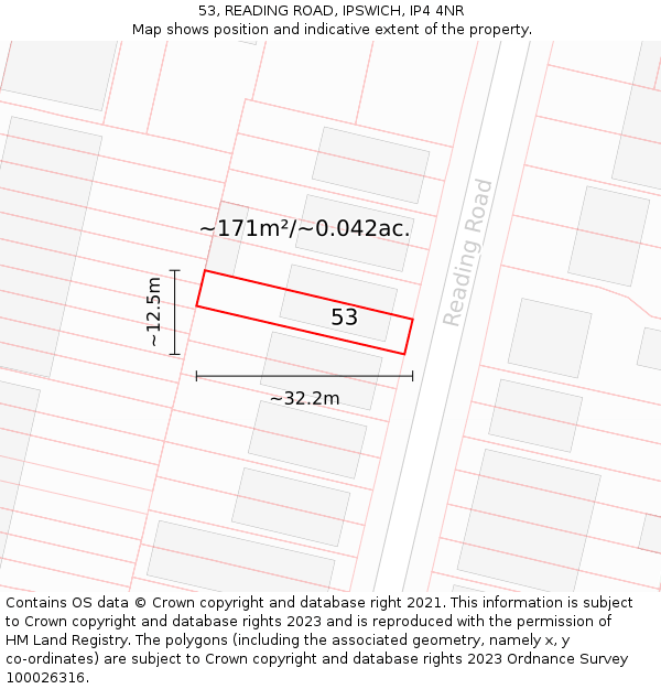 53, READING ROAD, IPSWICH, IP4 4NR: Plot and title map