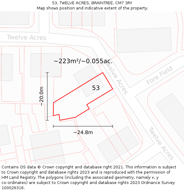 53, TWELVE ACRES, BRAINTREE, CM7 3RY: Plot and title map