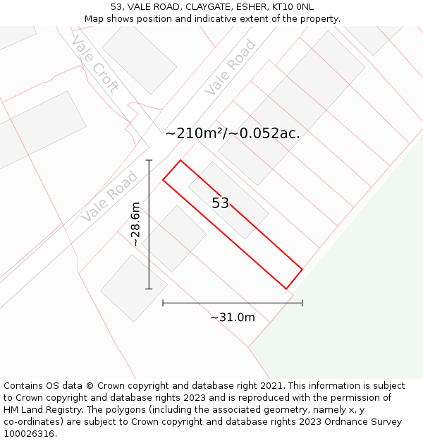 53, VALE ROAD, CLAYGATE, ESHER, KT10 0NL: Plot and title map