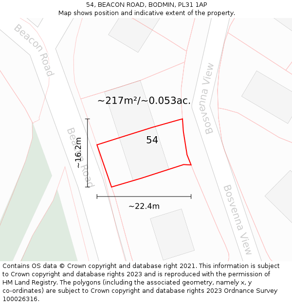 54, BEACON ROAD, BODMIN, PL31 1AP: Plot and title map
