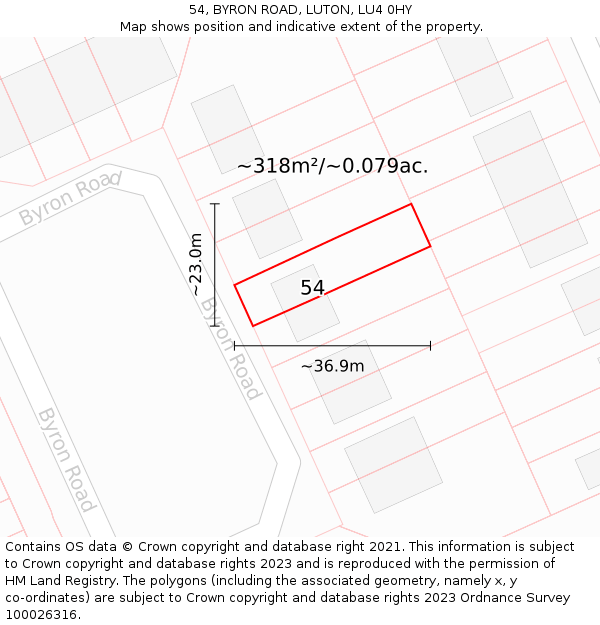 54, BYRON ROAD, LUTON, LU4 0HY: Plot and title map
