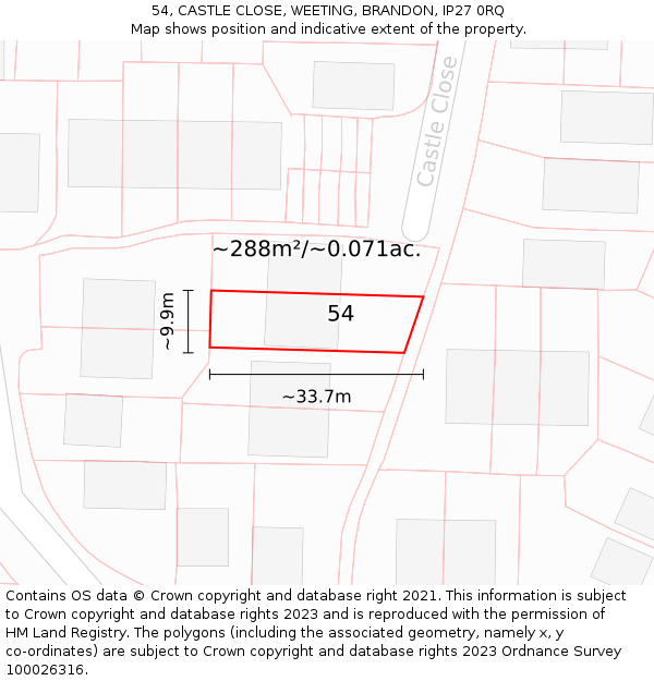 54, CASTLE CLOSE, WEETING, BRANDON, IP27 0RQ: Plot and title map