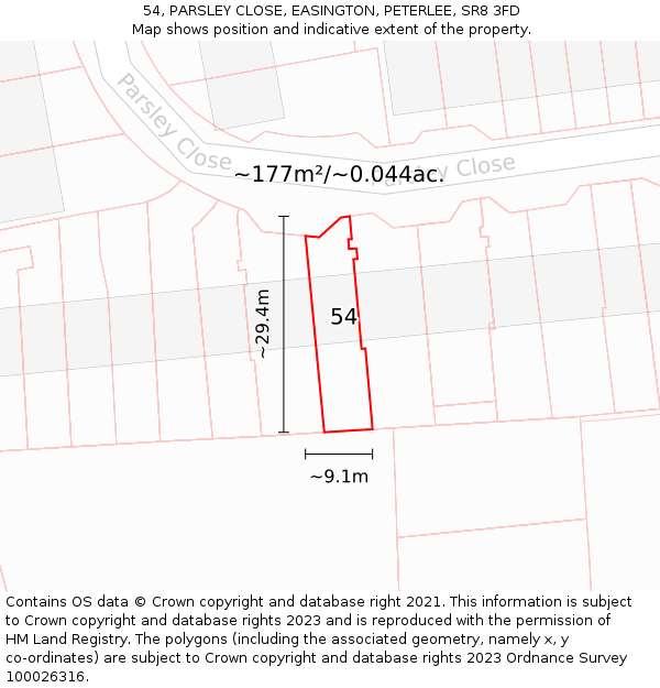 54, PARSLEY CLOSE, EASINGTON, PETERLEE, SR8 3FD: Plot and title map