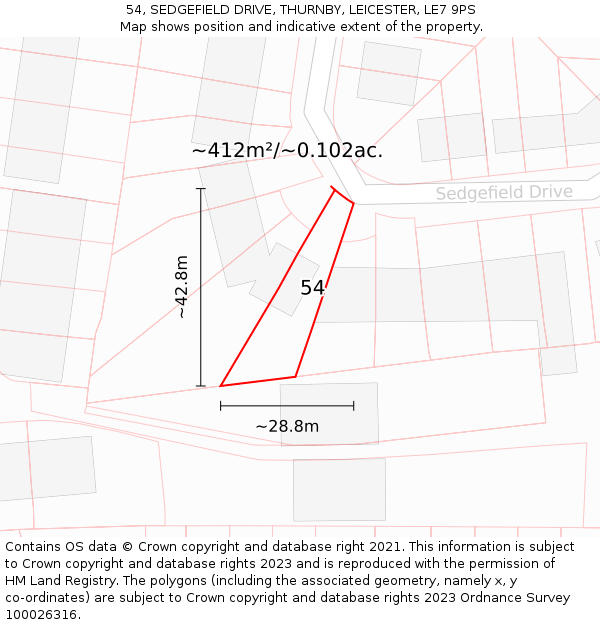 54, SEDGEFIELD DRIVE, THURNBY, LEICESTER, LE7 9PS: Plot and title map
