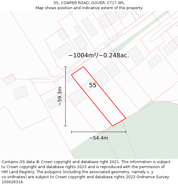 55, COWPER ROAD, DOVER, CT17 0PL: Plot and title map