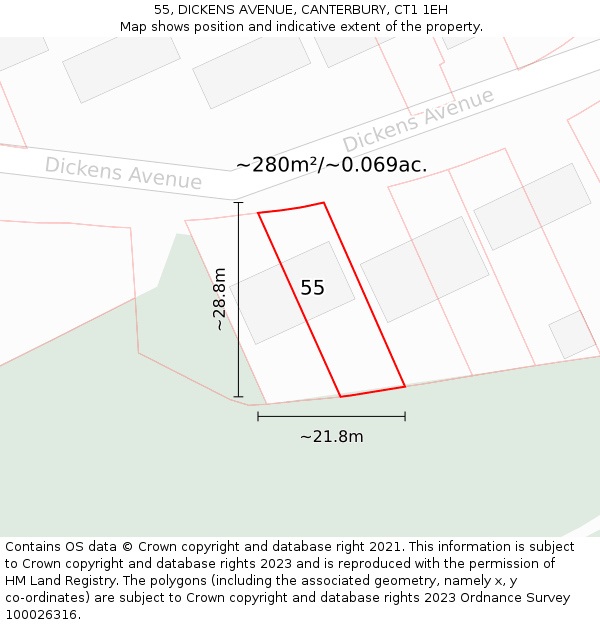 55, DICKENS AVENUE, CANTERBURY, CT1 1EH: Plot and title map