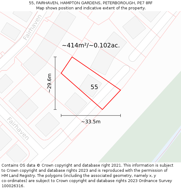 55, FAIRHAVEN, HAMPTON GARDENS, PETERBOROUGH, PE7 8RF: Plot and title map