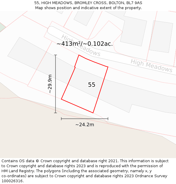 55, HIGH MEADOWS, BROMLEY CROSS, BOLTON, BL7 9AS: Plot and title map