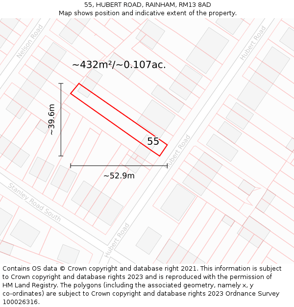 55, HUBERT ROAD, RAINHAM, RM13 8AD: Plot and title map