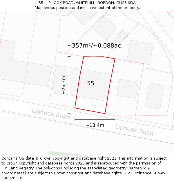 55, LIPHOOK ROAD, WHITEHILL, BORDON, GU35 9DA: Plot and title map
