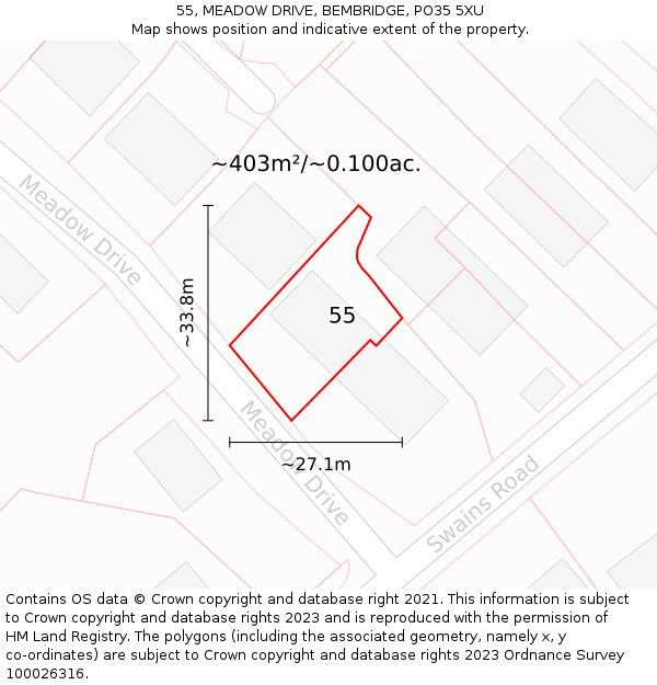 55, MEADOW DRIVE, BEMBRIDGE, PO35 5XU: Plot and title map
