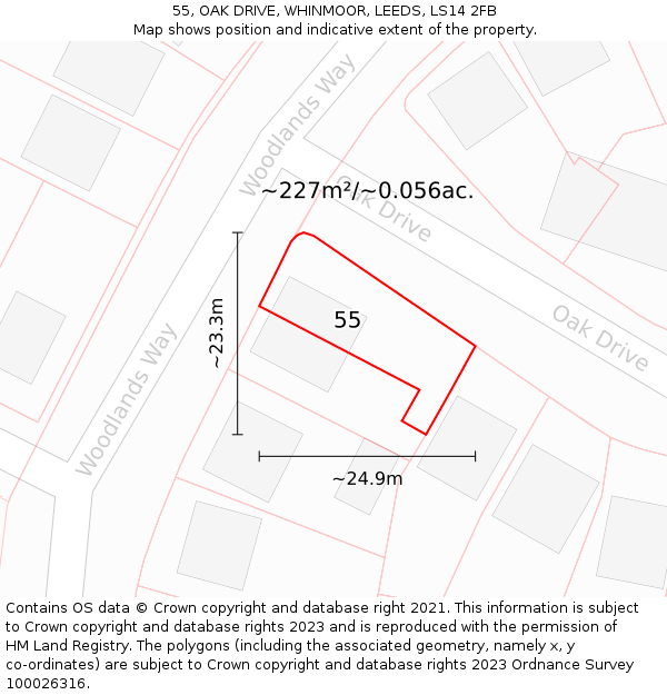 55, OAK DRIVE, WHINMOOR, LEEDS, LS14 2FB: Plot and title map