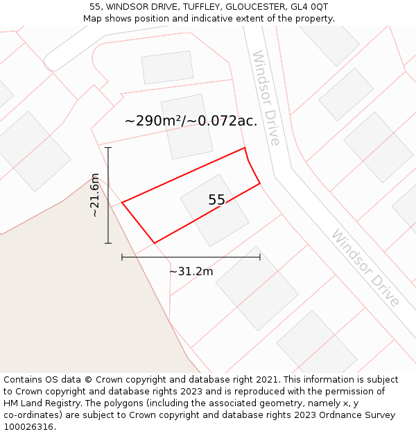 55, WINDSOR DRIVE, TUFFLEY, GLOUCESTER, GL4 0QT: Plot and title map