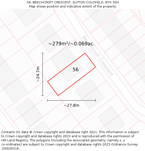 56, BEECHCROFT CRESCENT, SUTTON COLDFIELD, B74 3SH: Plot and title map