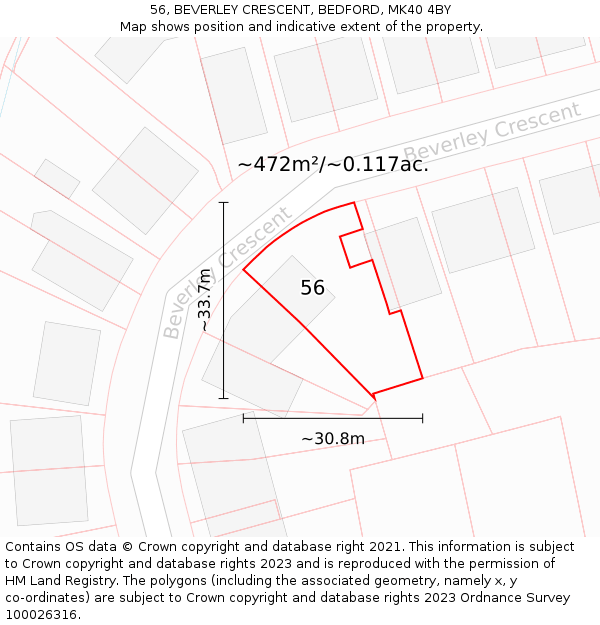 56, BEVERLEY CRESCENT, BEDFORD, MK40 4BY: Plot and title map