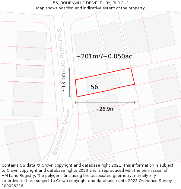 56, BOURNVILLE DRIVE, BURY, BL8 2UF: Plot and title map
