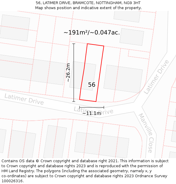 56, LATIMER DRIVE, BRAMCOTE, NOTTINGHAM, NG9 3HT: Plot and title map
