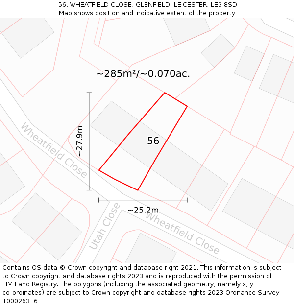 56, WHEATFIELD CLOSE, GLENFIELD, LEICESTER, LE3 8SD: Plot and title map