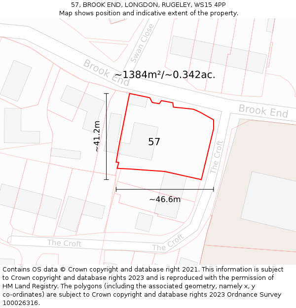 57, BROOK END, LONGDON, RUGELEY, WS15 4PP: Plot and title map