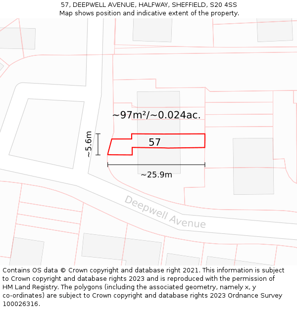 57, DEEPWELL AVENUE, HALFWAY, SHEFFIELD, S20 4SS: Plot and title map