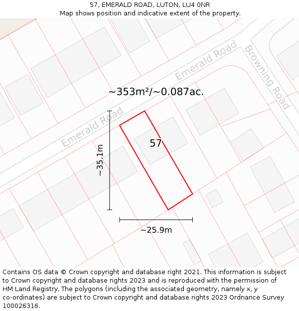 57, EMERALD ROAD, LUTON, LU4 0NR: Plot and title map