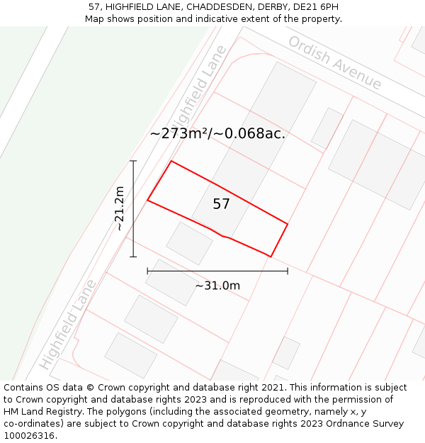 57, HIGHFIELD LANE, CHADDESDEN, DERBY, DE21 6PH: Plot and title map