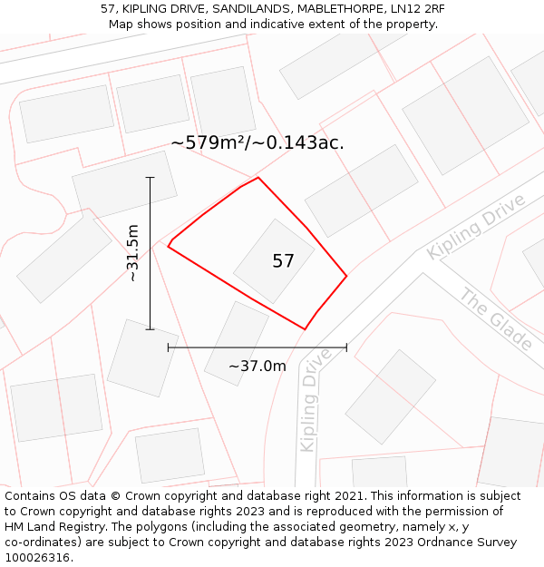 57, KIPLING DRIVE, SANDILANDS, MABLETHORPE, LN12 2RF: Plot and title map