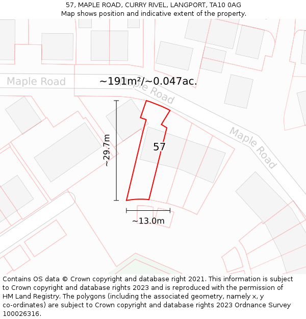 57, MAPLE ROAD, CURRY RIVEL, LANGPORT, TA10 0AG: Plot and title map
