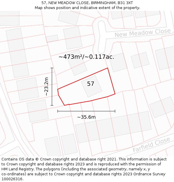 57, NEW MEADOW CLOSE, BIRMINGHAM, B31 3XT: Plot and title map